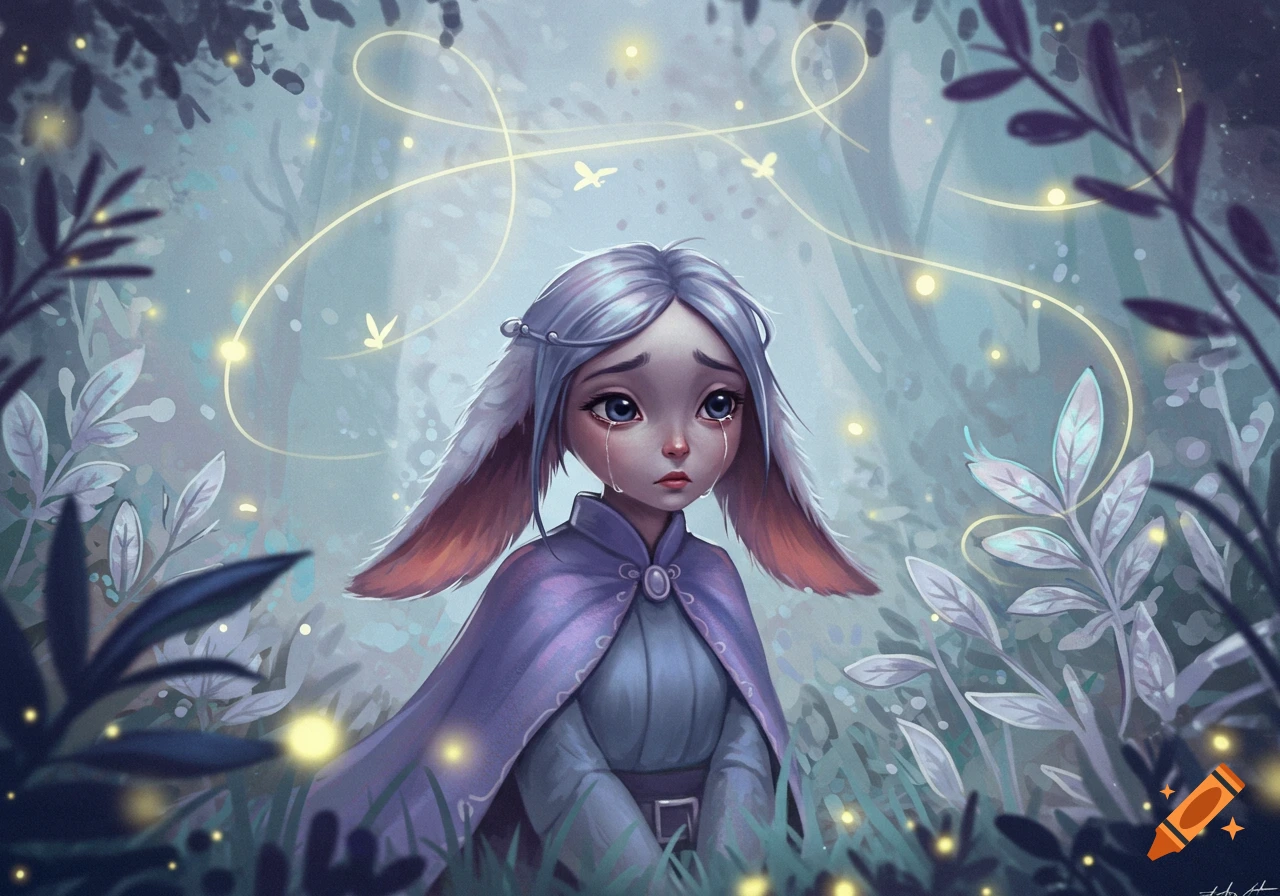 A sad fantasy girl with large bunny ears and light hair cries in a glowing magical forest, wearing a purple cape.