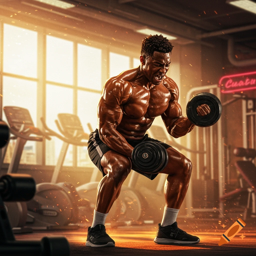 Photorealistic image of a very muscular man intensely lifting dumbbells in a gym.