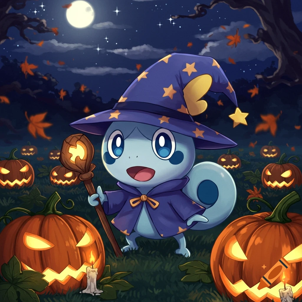 A blue Sobble Pokemon in a purple wizard hat and cape holds a staff, surrounded by glowing jack-o'-lanterns at night under a full moon.