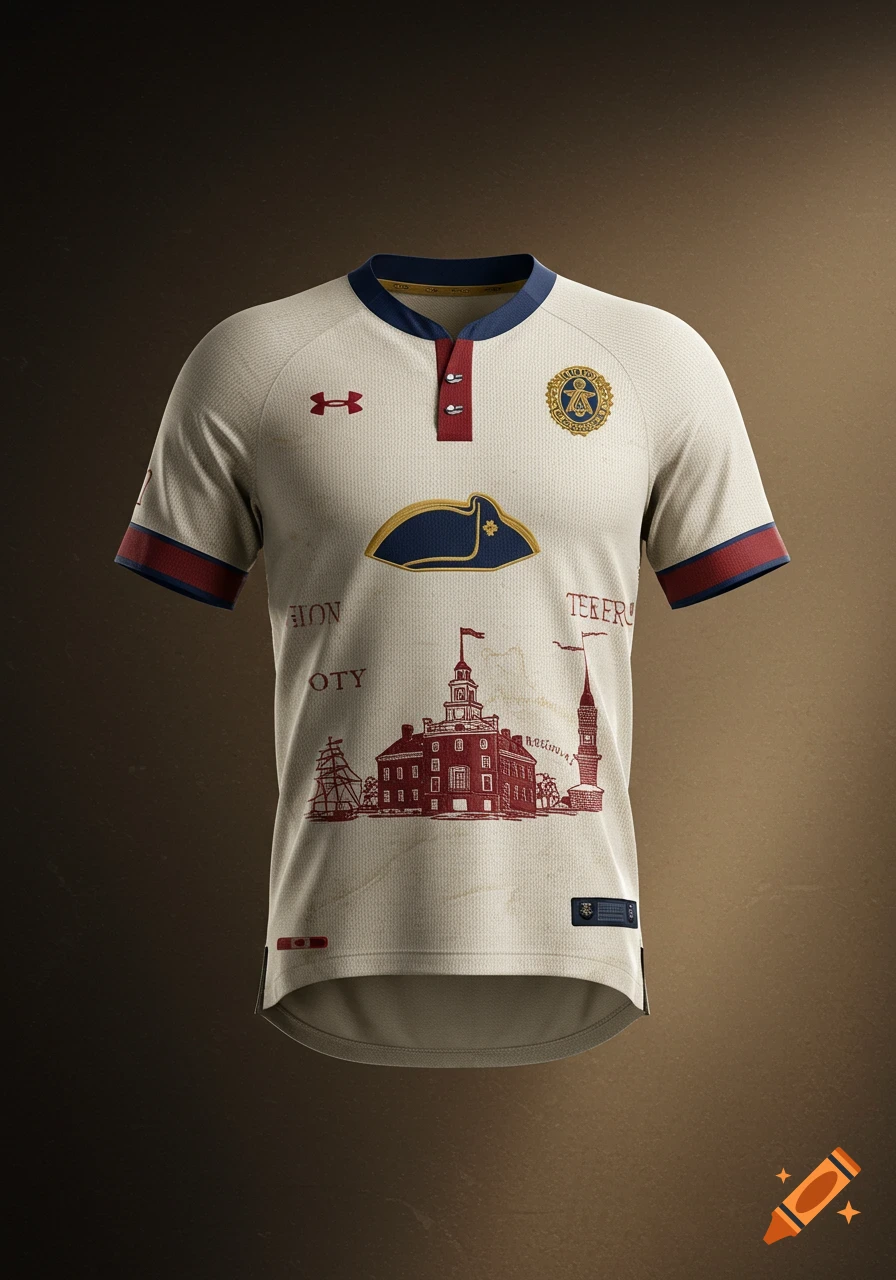 A beige sports uniform with a navy collar and red buttons. It features a large blue and gold tricorn hat, an Under Armour logo, and a red sketch of an old building, a ship, and a lighthouse.