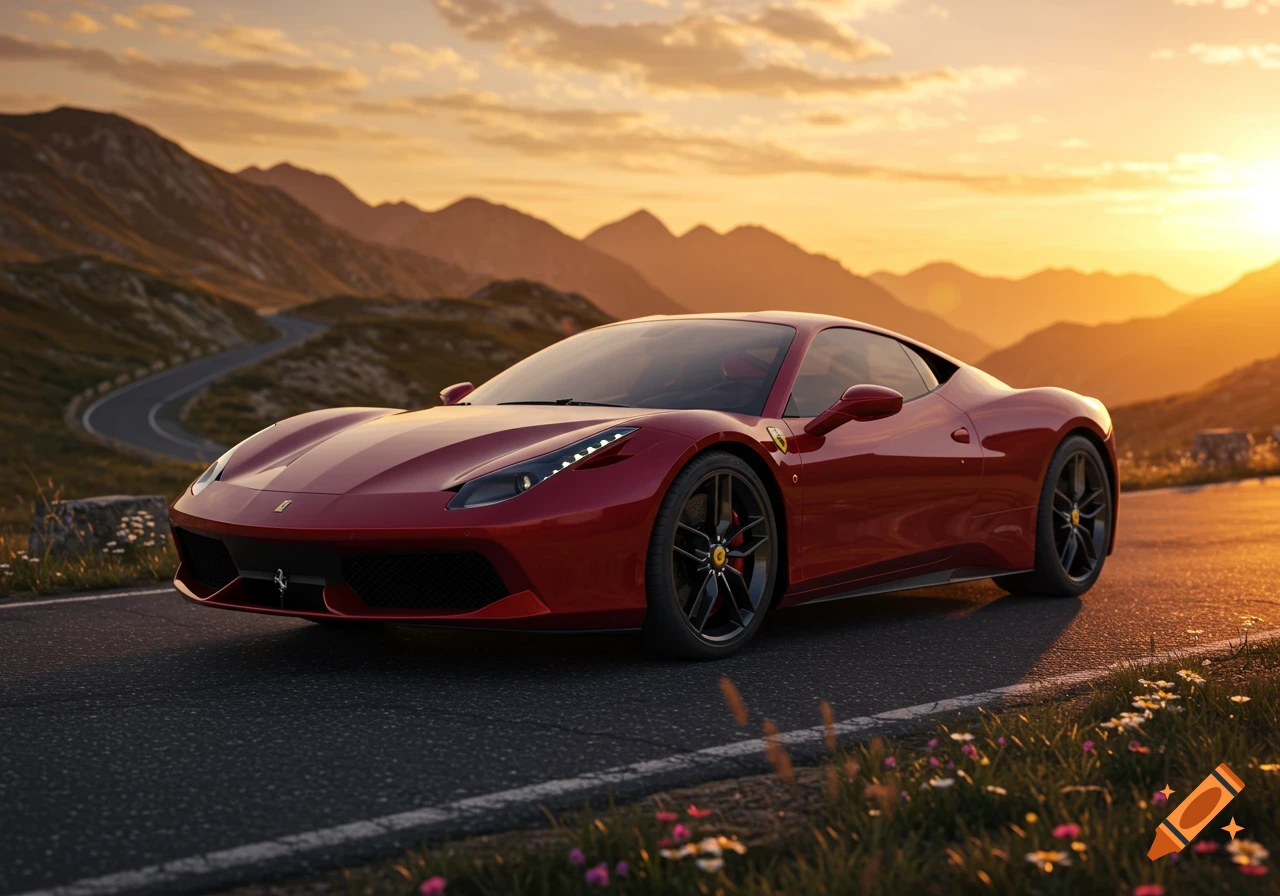 A red Ferrari sports car parked on a winding mountain road at sunset, with a vibrant orange sky.