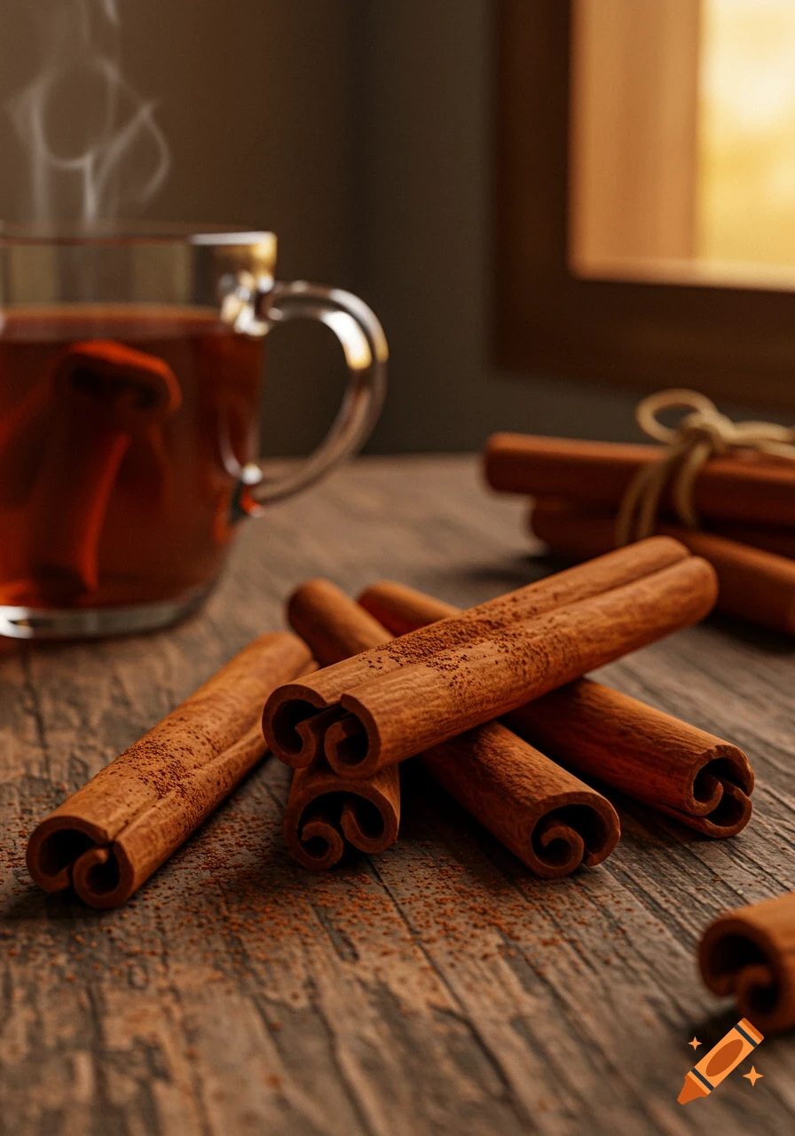 Photorealistic image of cinnamon sticks on a wooden table next to a steaming cup of tea.