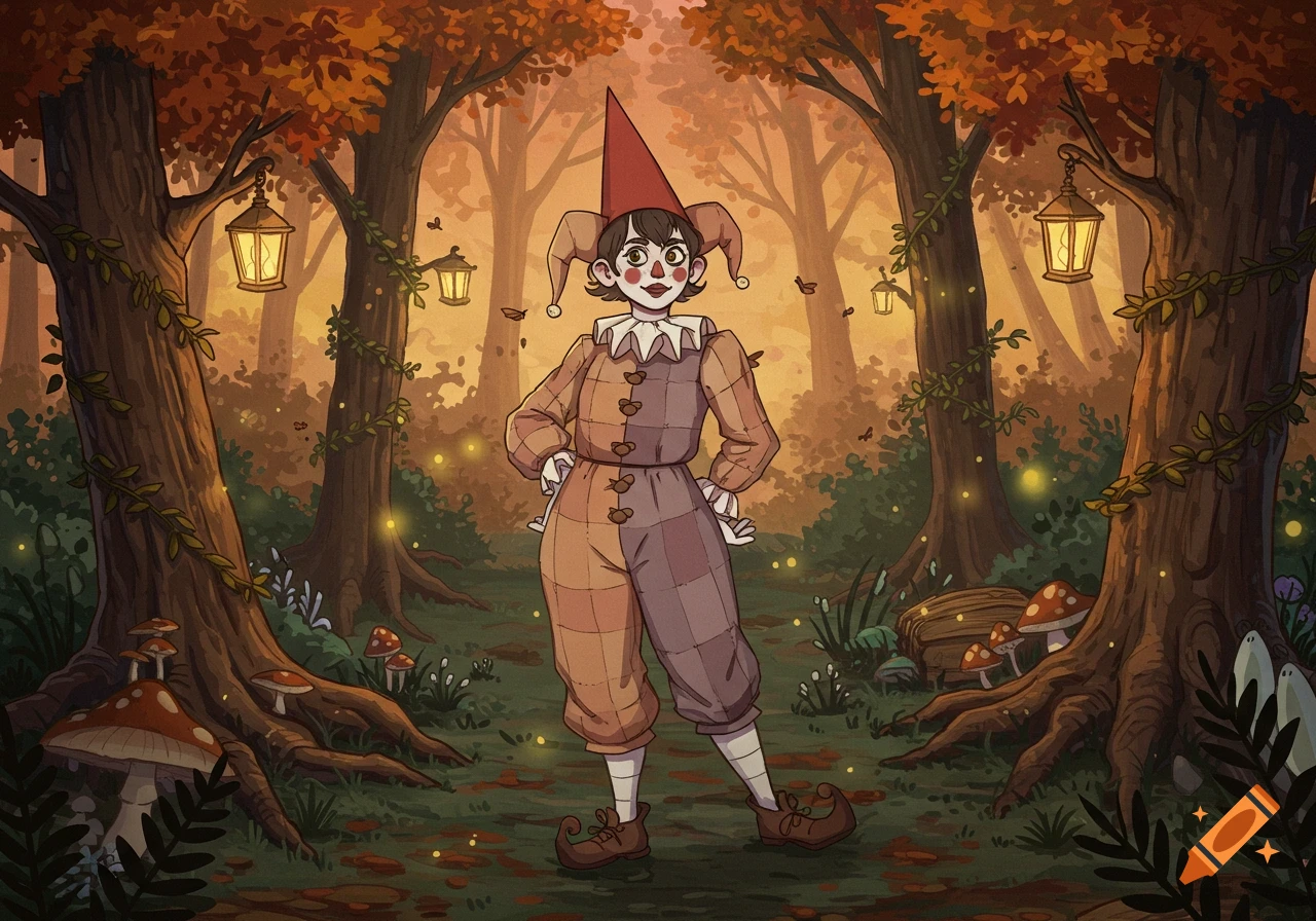 An illustrated jester woman in a patchwork outfit and a pointed hat stands in an autumnal forest with glowing lanterns and mushrooms.