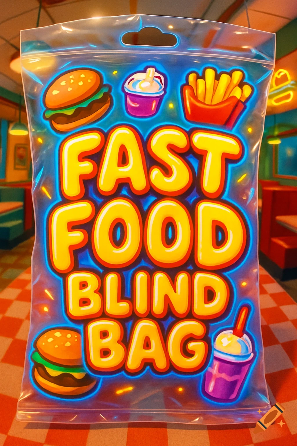 Cartoon style plastic 'Fast Food Blind Bag' with bubble letters, featuring illustrations of a burger, fries, and milkshakes.