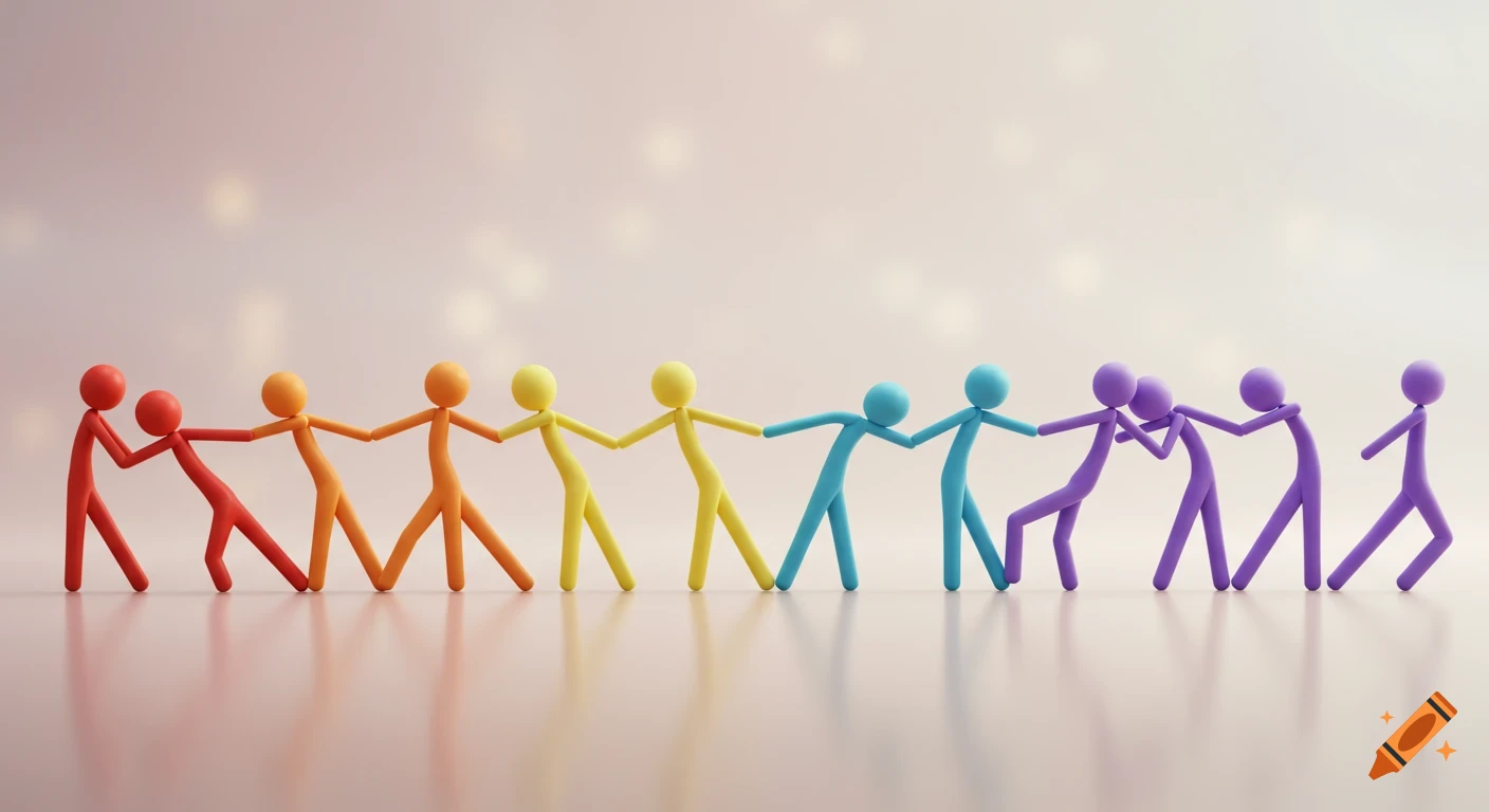 A line of colorful stick figures in red, orange, yellow, blue, and purple holding hands and leaning back against a light background.