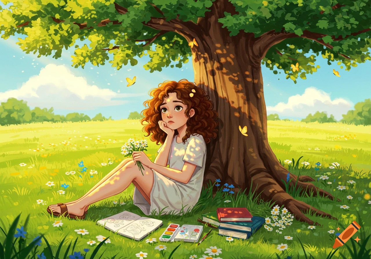 Illustrated girl with curly hair sitting under a tree in a sunny meadow, holding flowers, next to books and art supplies.
