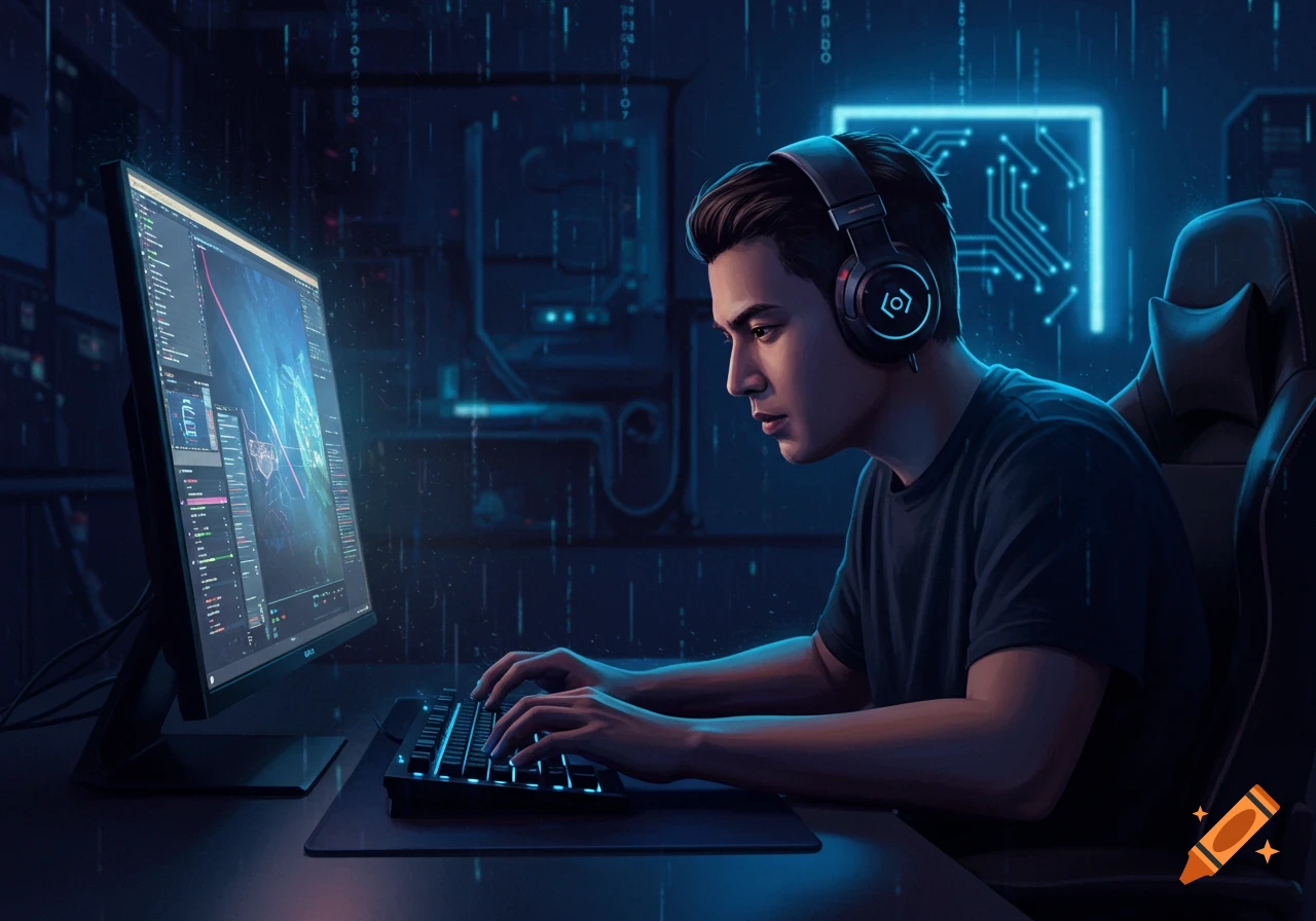 A young person with headphones intensely types on a glowing keyboard, focused on a vibrant computer screen in a dark, neon-lit digital art style.