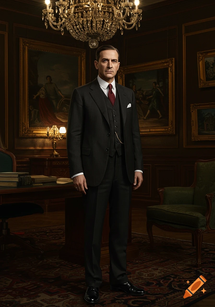 A man in a dark suit, vest, and red tie stands formally in an elegant, richly decorated room with paintings and a chandelier.