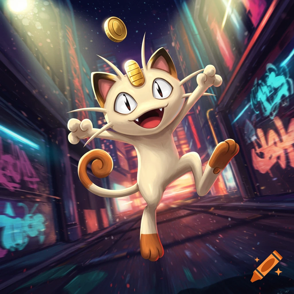 Meowth leaps happily, a golden coin above its head, in a vibrant, neon-lit cityscape at night.