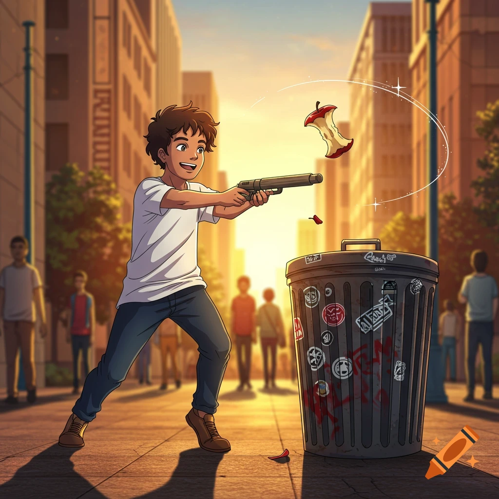An anime-style boy on a city street aims a handgun at a floating apple core near a trash can at sunset.