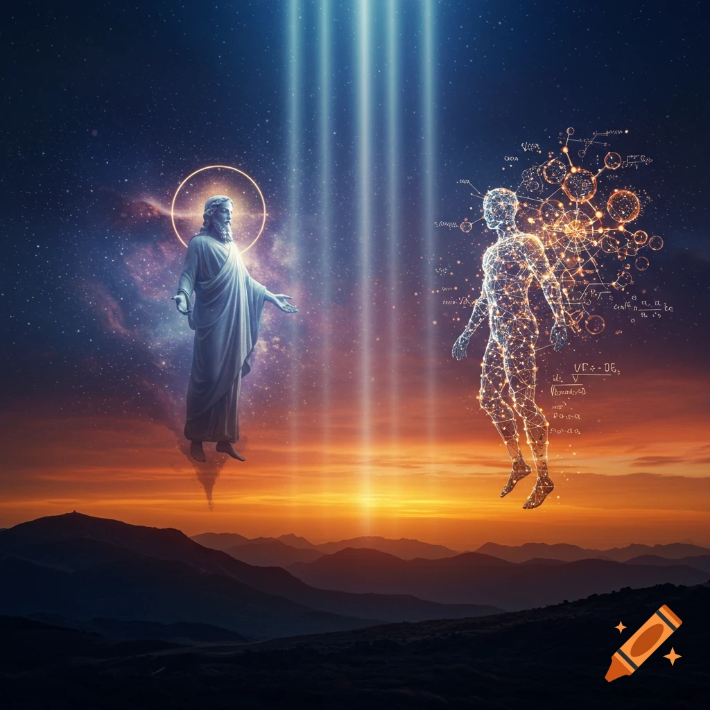 A figure resembling Jesus and a glowing, data-like human float in a cosmic sky with a sunset over mountains, bathed in light beams.