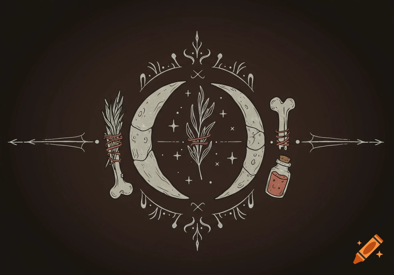 A stylized witchy sigil featuring a broken crescent moon, a bone, a bundled herb sprig, and a potion bottle on a dark background.