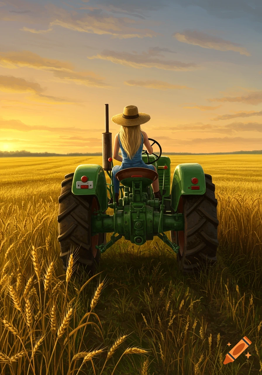 A blonde woman in a straw hat sits on a green tractor, viewed from behind, in a golden wheat field at sunset. Digital painting.