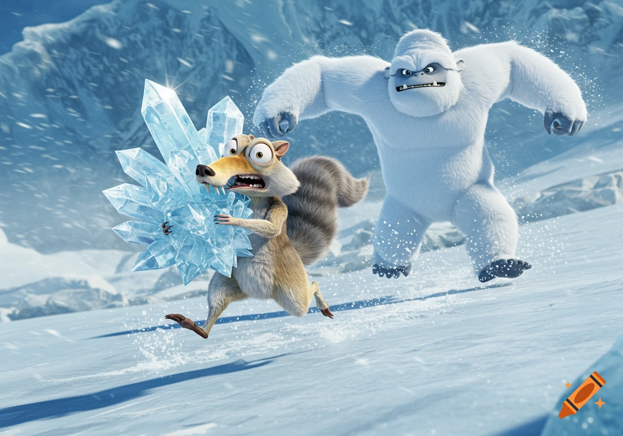 Scrat the squirrel flees from a yeti while holding stolen ice crystals in a snowy mountain scene, in an animated style.