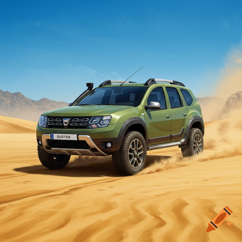 A green Dacia Duster SUV drives through a sandy desert landscape under a clear blue sky.