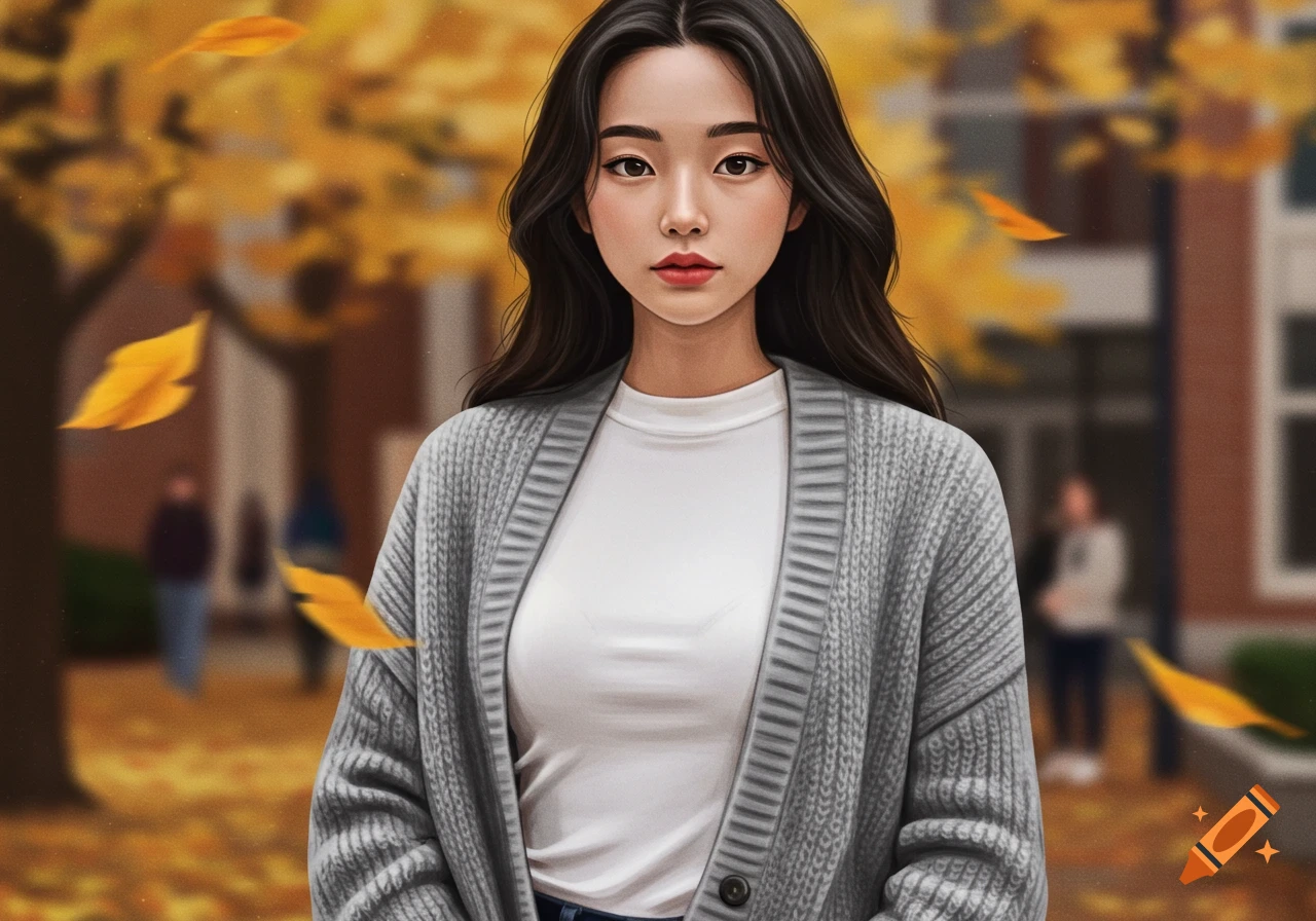 A young woman with dark hair wears a white shirt and grey cardigan in an autumn scene with falling yellow leaves, digital art.