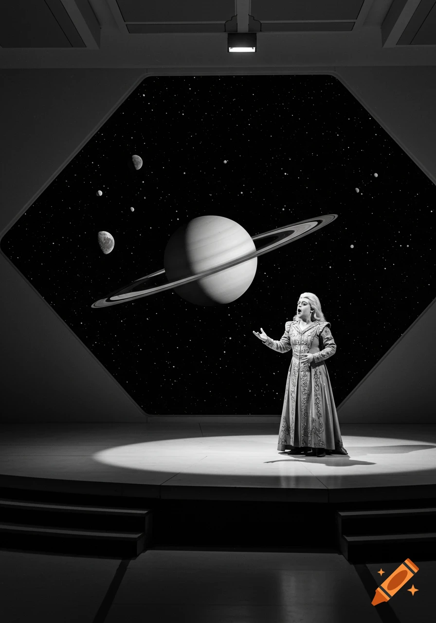 Black and white photo of an opera singer performing on a minimalist spaceship stage with Saturn and moons visible through a window.