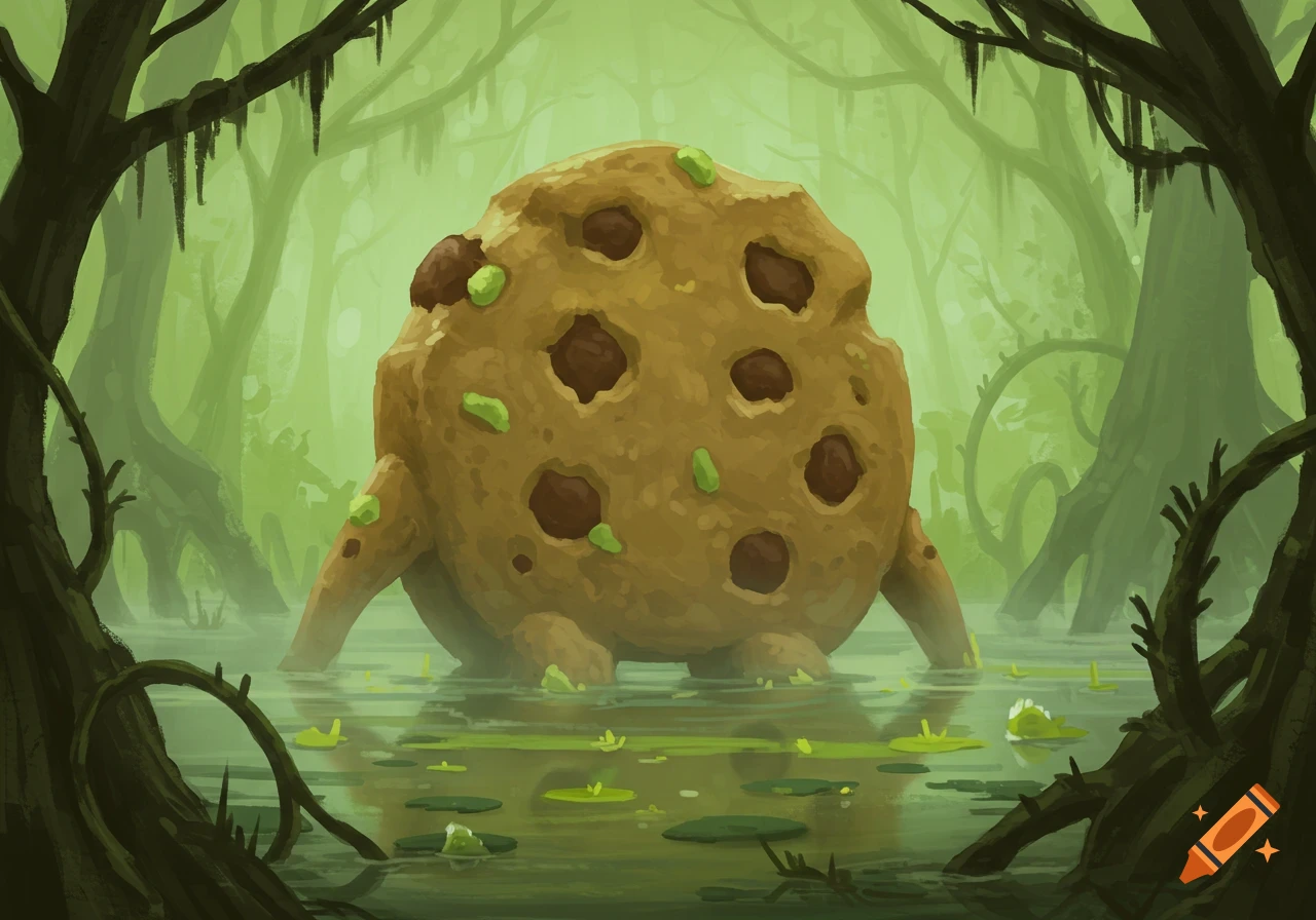 A large, round cookie creature with chocolate chips and green sprinkles stands in a murky green swamp, surrounded by dark trees.