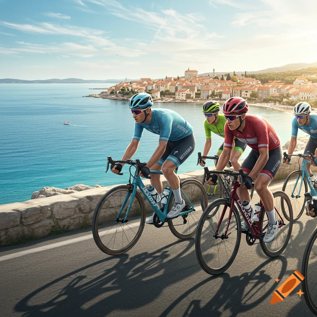 Four cyclists race on a sunny coastal road next to the blue sea with a picturesque town in the background. Photorealistic style.