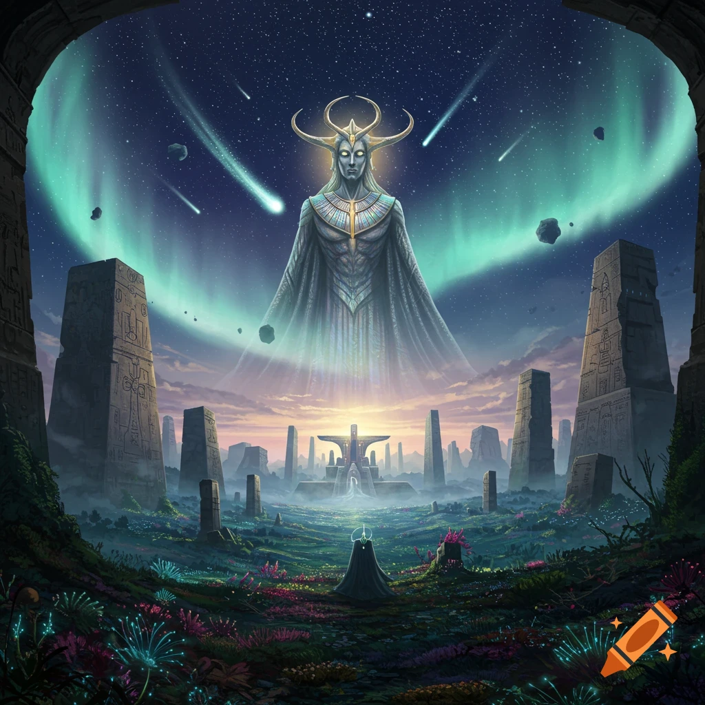 A colossal horned deity with glowing eyes floats above an alien landscape with ancient monoliths, vibrant flora, comets, and an aurora in the night sky.