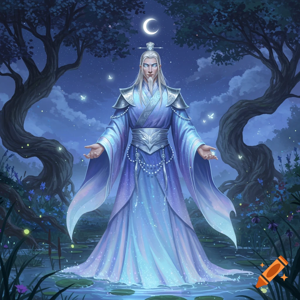 A white-haired, blue-eyed man in shimmering blue robes stands in a moonlit pond surrounded by trees and glowing butterflies.