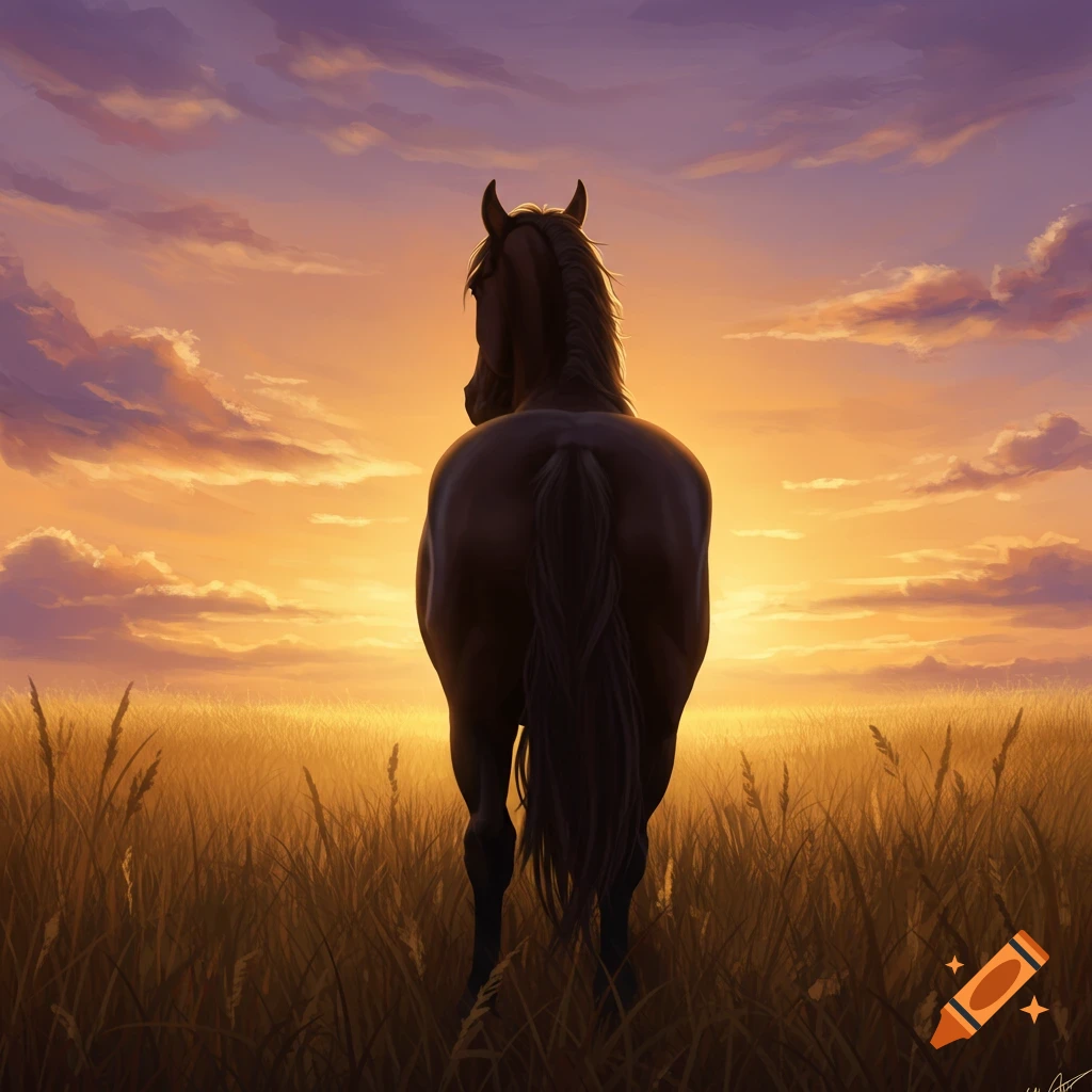 A brown horse stands in a tall grass field, silhouetted against a vibrant orange and purple sunset sky. Digital art.