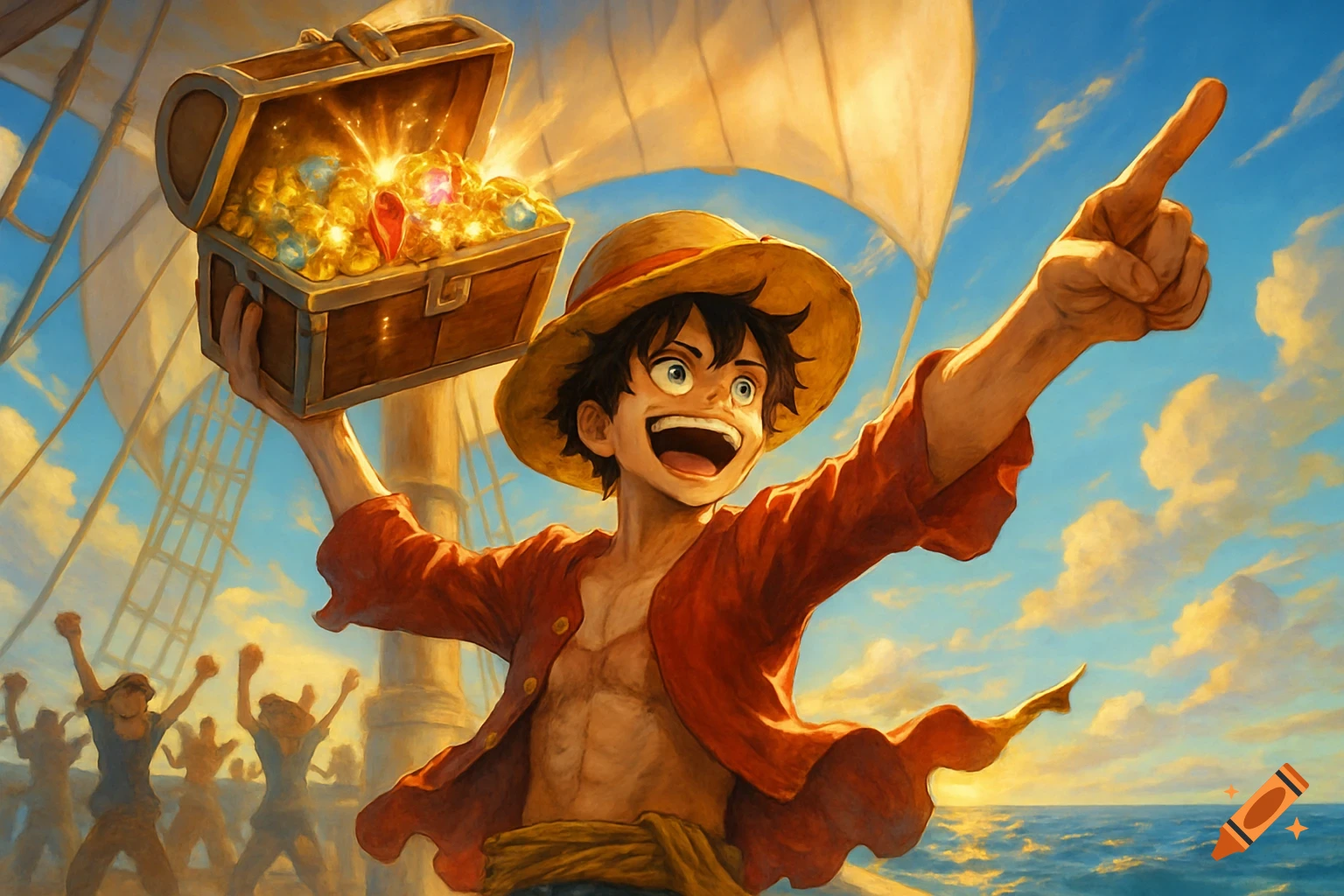 Anime-style Monkey D. Luffy on a pirate ship, enthusiastically holding a glowing treasure chest and pointing forward. Crew members cheer in the background.