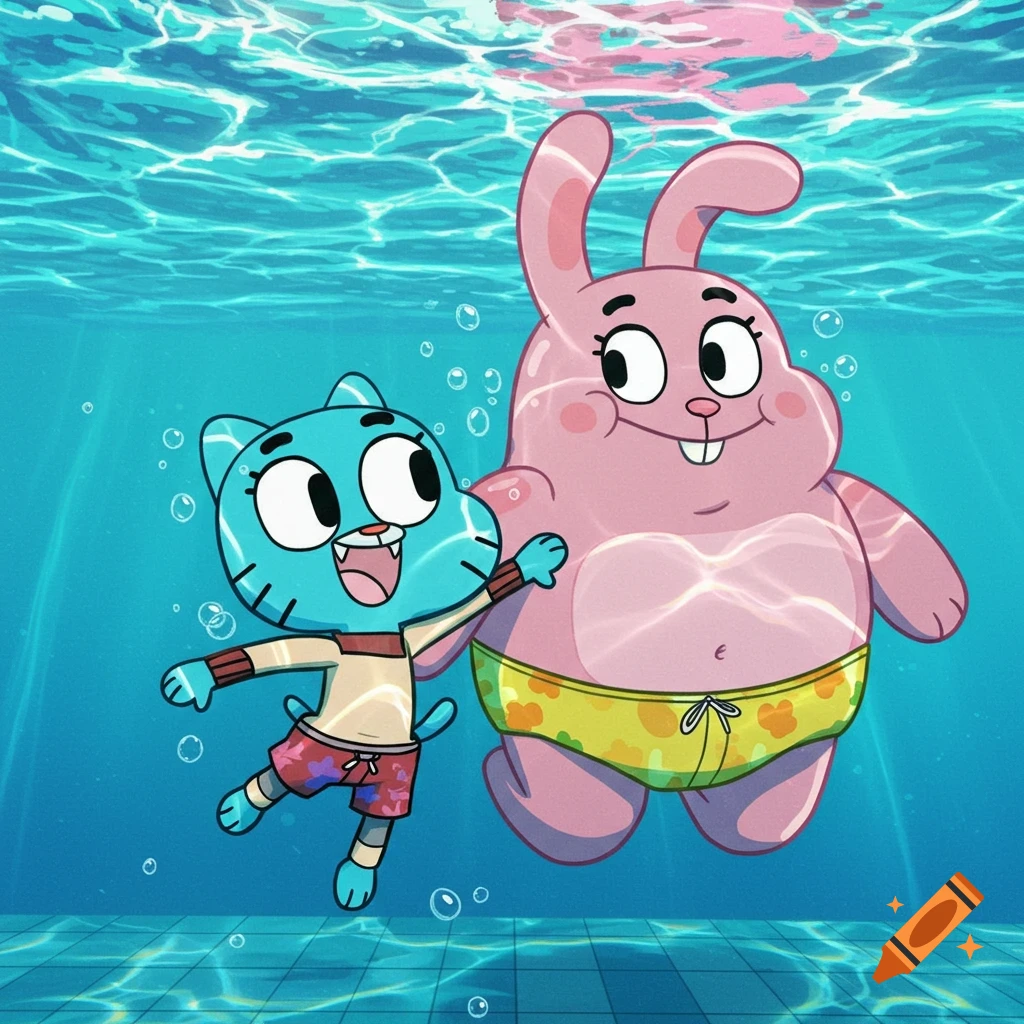Gumball and Richard Watterson, cartoon characters, swim happily underwater in a bright blue pool with sunlight ripples, wearing swimsuits.