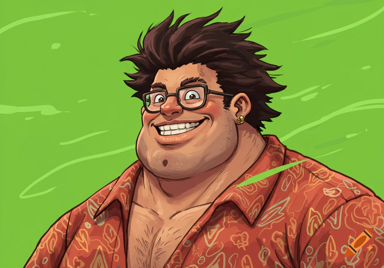 Cartoon drawing of a smiling overweight man with spiky brown hair, glasses, an earring, and an open Hawaiian shirt against a green background.