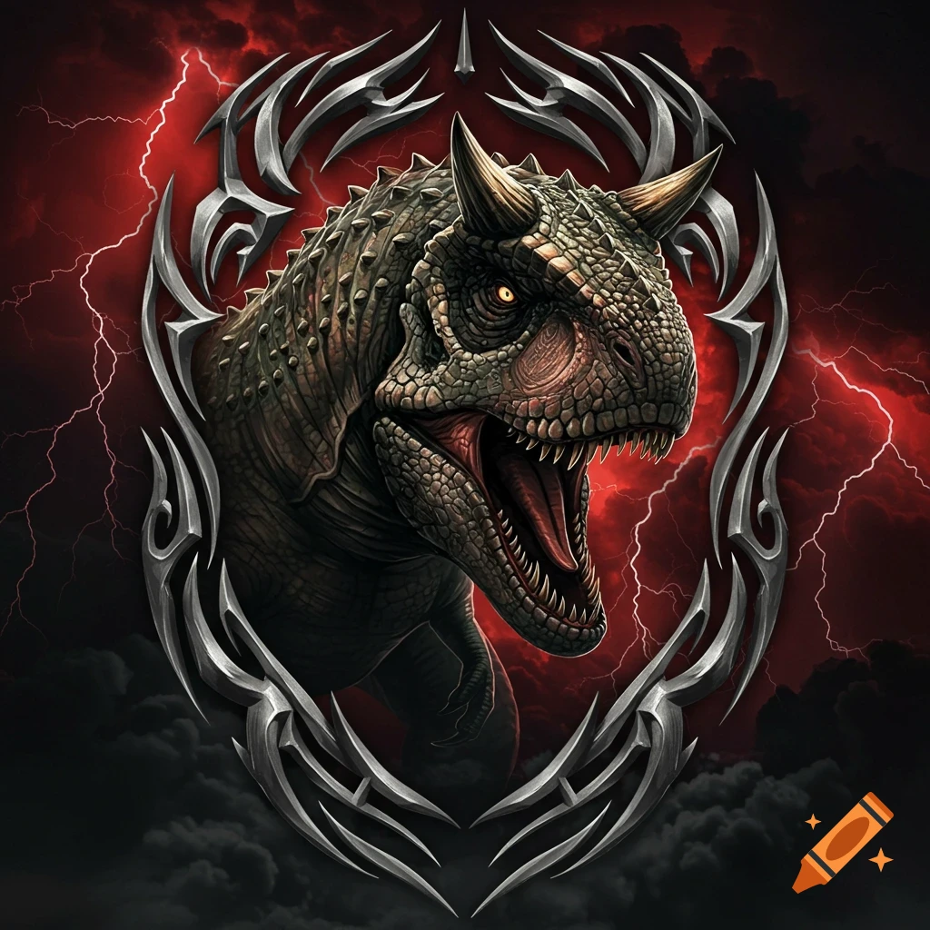 A snarling Carnotaurus head with horns and sharp teeth, framed by metallic tribal art, against a dramatic red lightning storm and dark clouds.