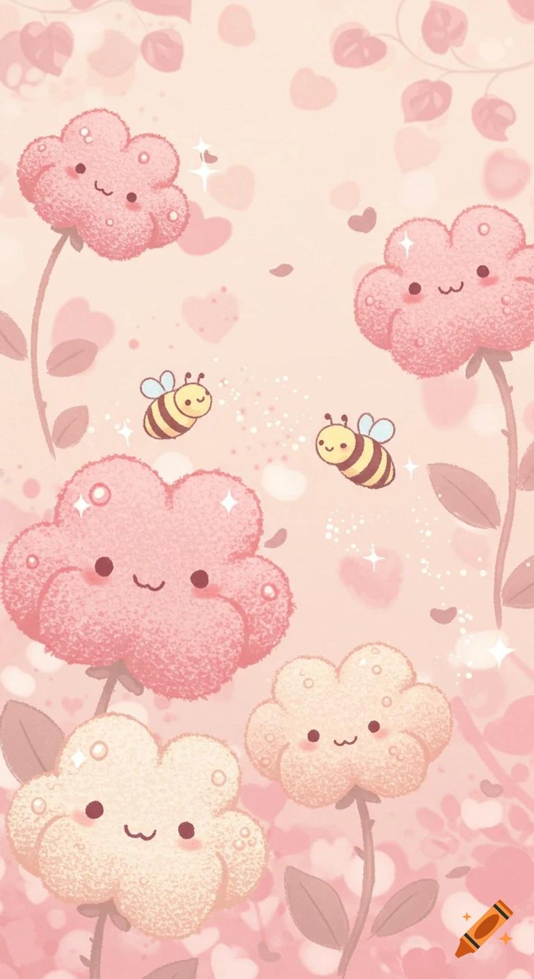 Cute kawaii illustration of pink and light pink flowers with smiling faces and cheerful bees on a pastel pink background with hearts.