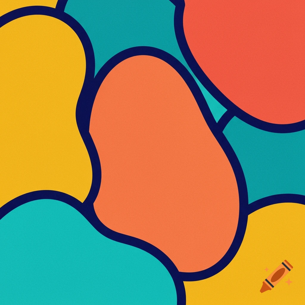 An abstract pattern of interlocking organic shapes in warm yellow, orange, coral, and turquoise, separated by thick dark outlines.