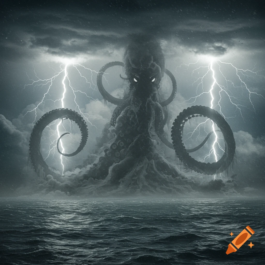 A giant, dark kraken monster with glowing eyes emerges from stormy clouds above a choppy sea, struck by lightning.