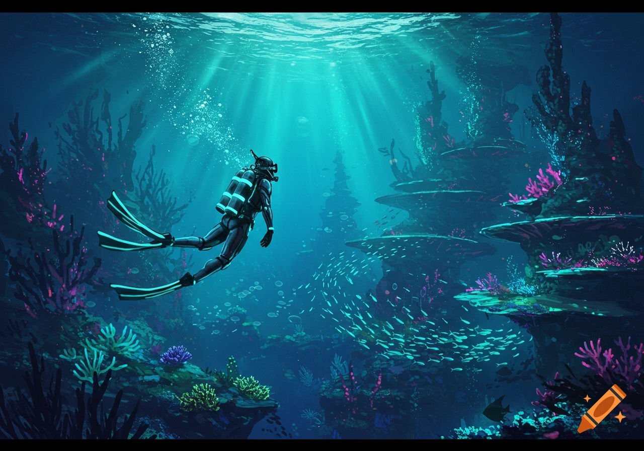 A scuba diver explores a vibrant, stylized underwater reef with colorful coral formations, schools of fish, and sunbeams piercing the turquoise water.