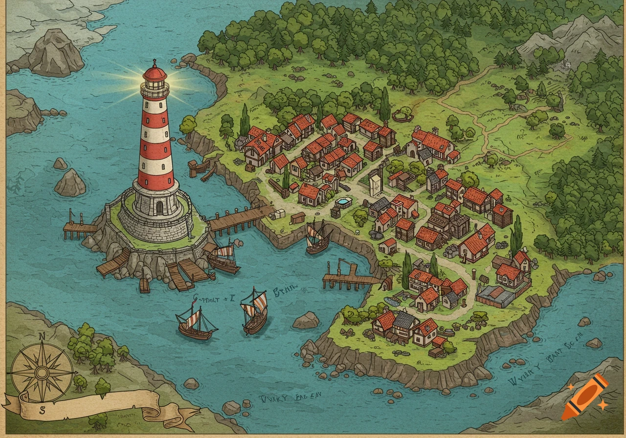 An isometric fantasy map of a harbor town with a red and white lighthouse, docks, ships, and green forests.