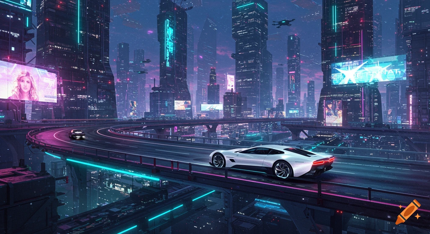 A futuristic white car drives on a glowing elevated highway through a neon-lit cyberpunk city at night, with towering skyscrapers and bright billboards.