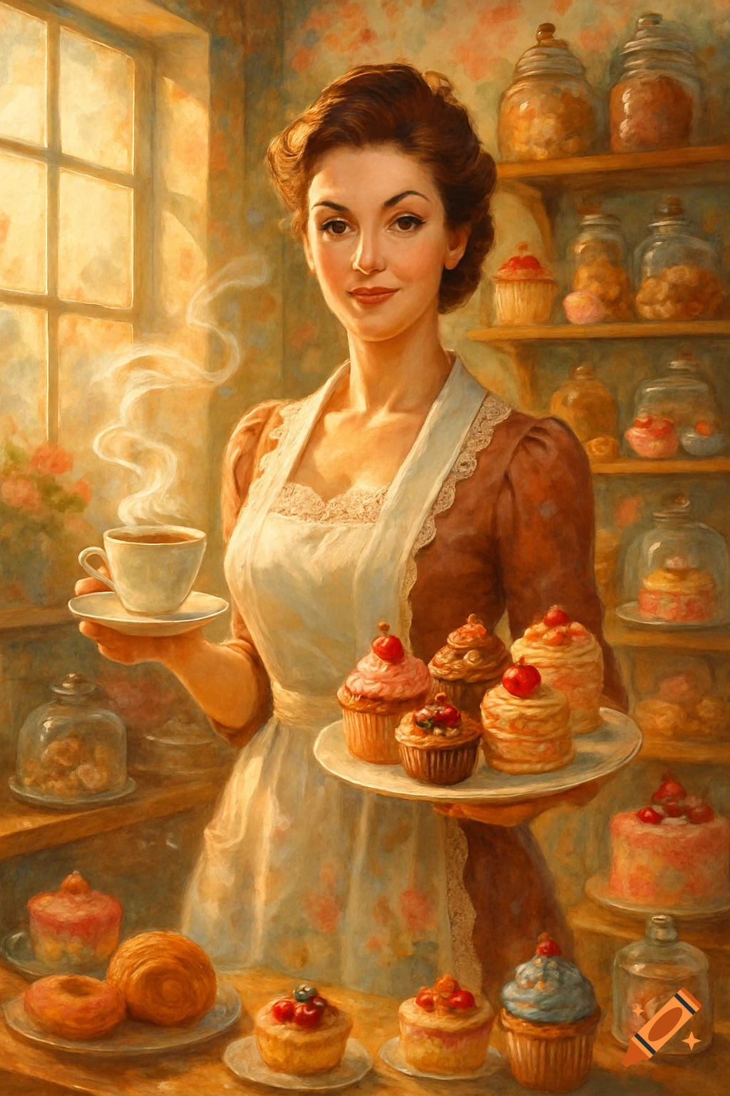 A smiling woman in an apron holds a steaming cup of coffee and a tray of cupcakes in a warm, painterly bakery scene.