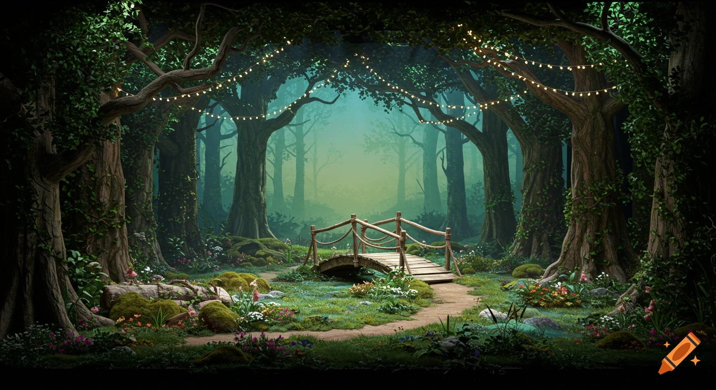 Magical forest scene with a wooden bridge, string lights, lush greenery, and colorful flowers under tall trees.
