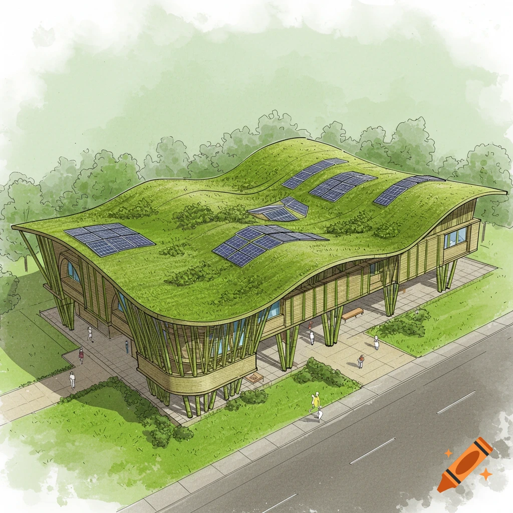 Architectural illustration of a modern green building with a curved, grassy roof, solar panels, and bamboo structure.