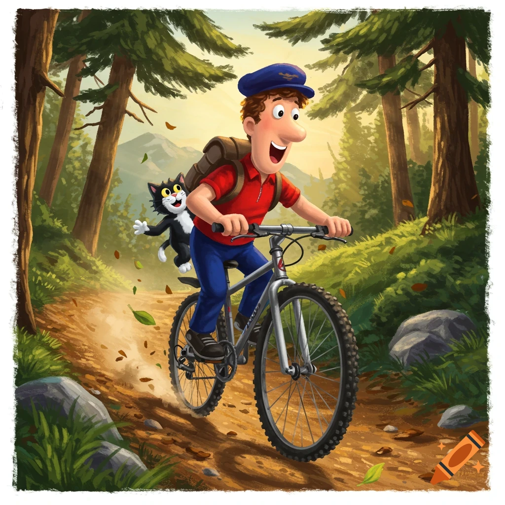 Cartoon Postman Pat riding a mountain bike down a forest path with his black and white cat, Jess.
