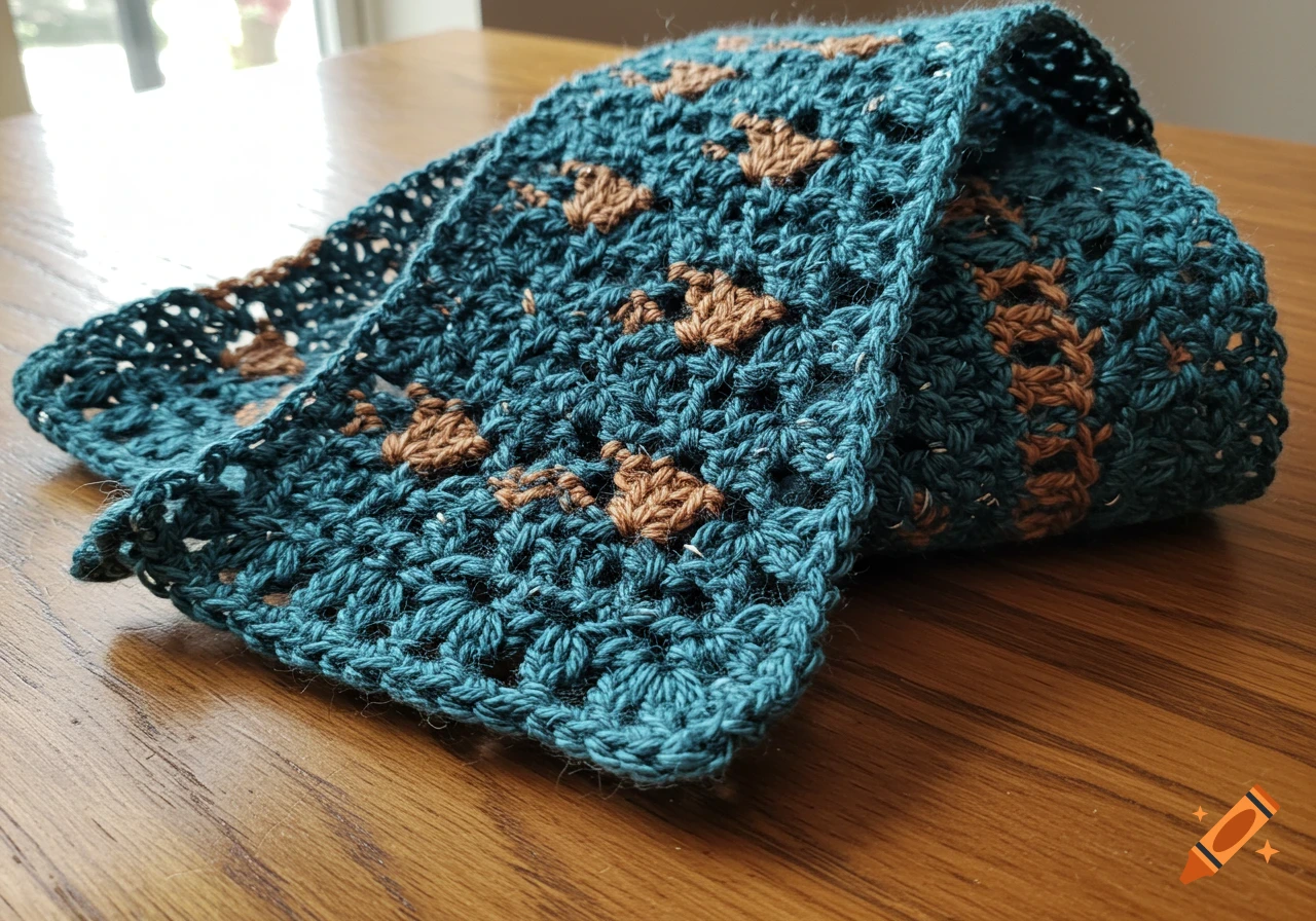 Close-up of a teal crocheted scarf with brown patterned stitches, folded on a wooden table.