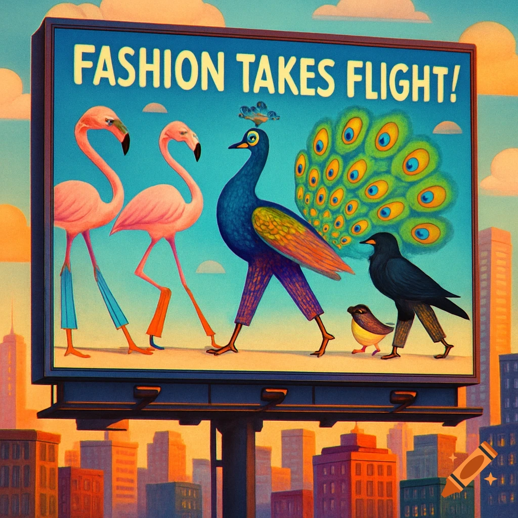 A whimsical billboard in a city shows cartoon birds wearing pants: two flamingos, a peacock, a crow, and a small bird. Text reads 'FASHION TAKES FLIGHT!'