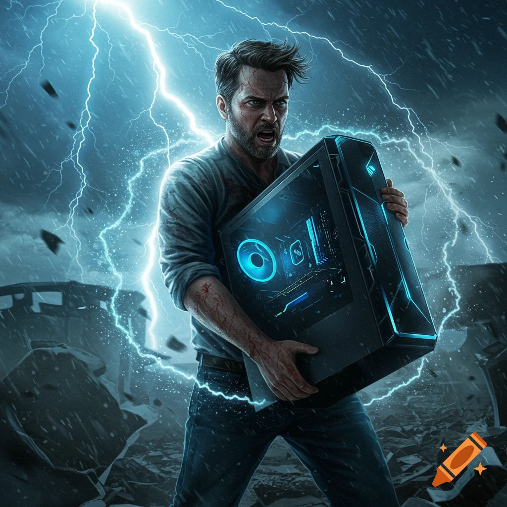 A distressed man protects his glowing blue gaming PC in a stormy, lightning-filled disaster zone.