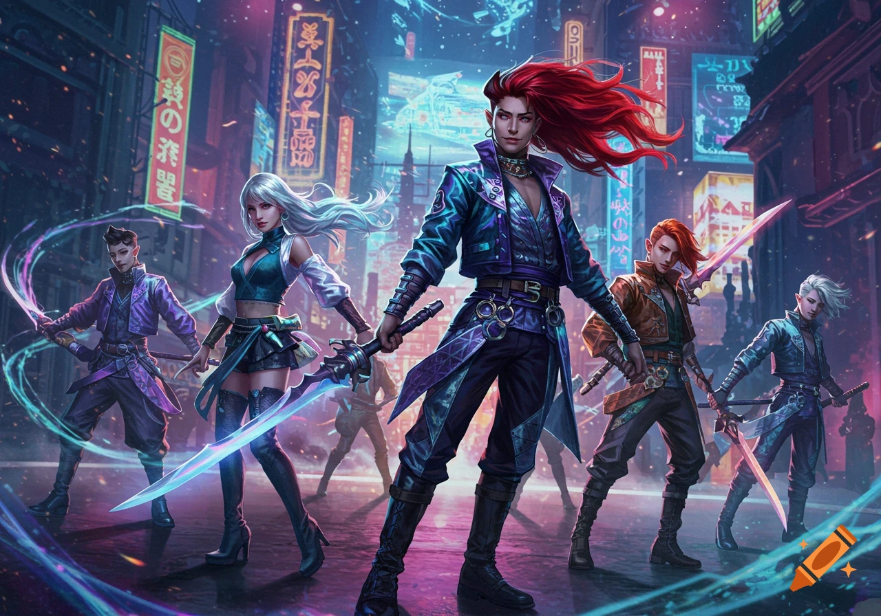 A group of diverse characters with glowing swords stands in a neon-lit cyberpunk city street. Anime style.