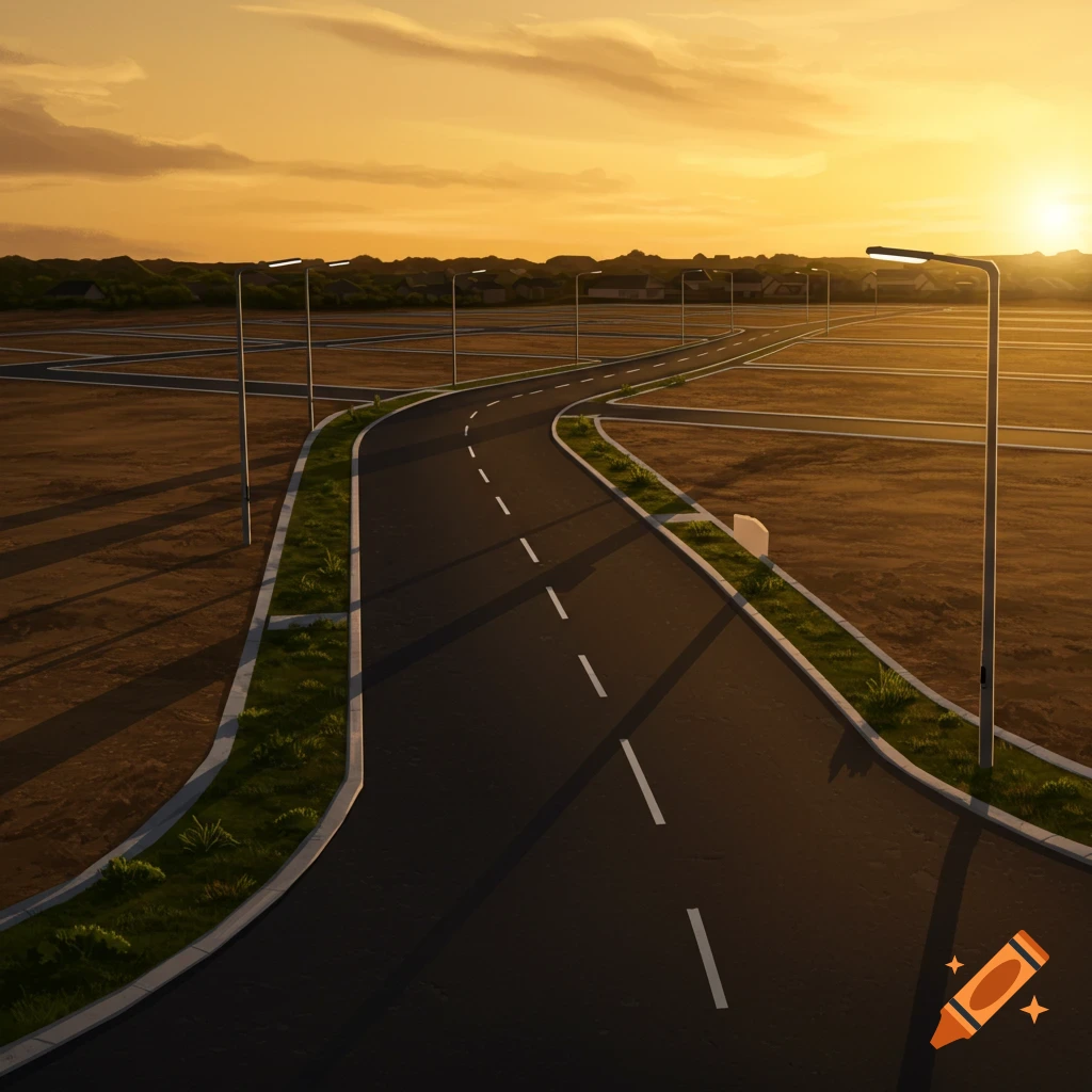 A winding road with streetlights through empty suburban land at sunset. Photorealistic.