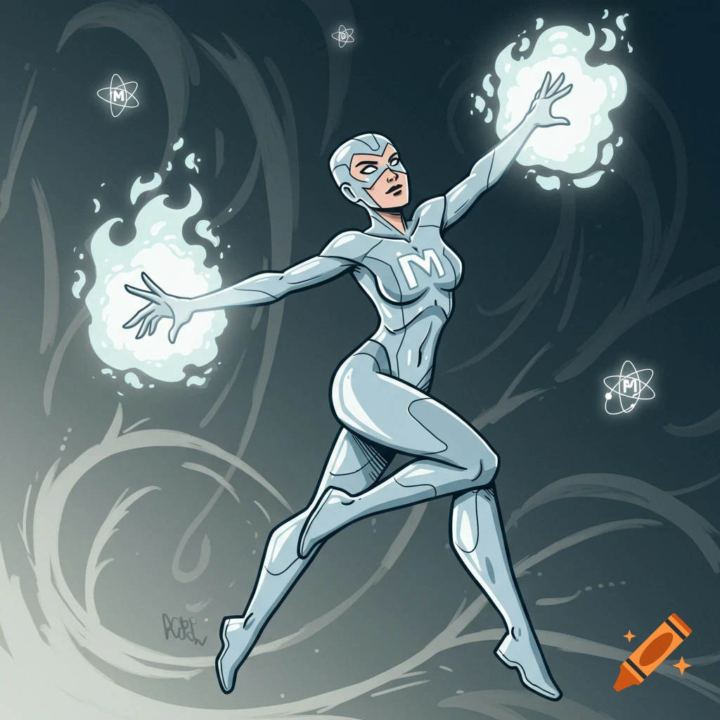 A female superhero, representing Magnesium, in a light gray suit with an 'M' symbol, strikes a dynamic pose with white glowing flames emanating from her hands. The background is dark gray with swirling lines and atom symbols.