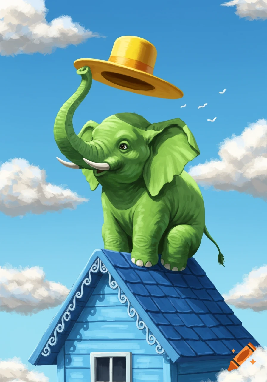 A whimsical illustration of a smiling green elephant wearing a yellow hat, sitting on the blue roof of a small house under a bright blue sky with white clouds.