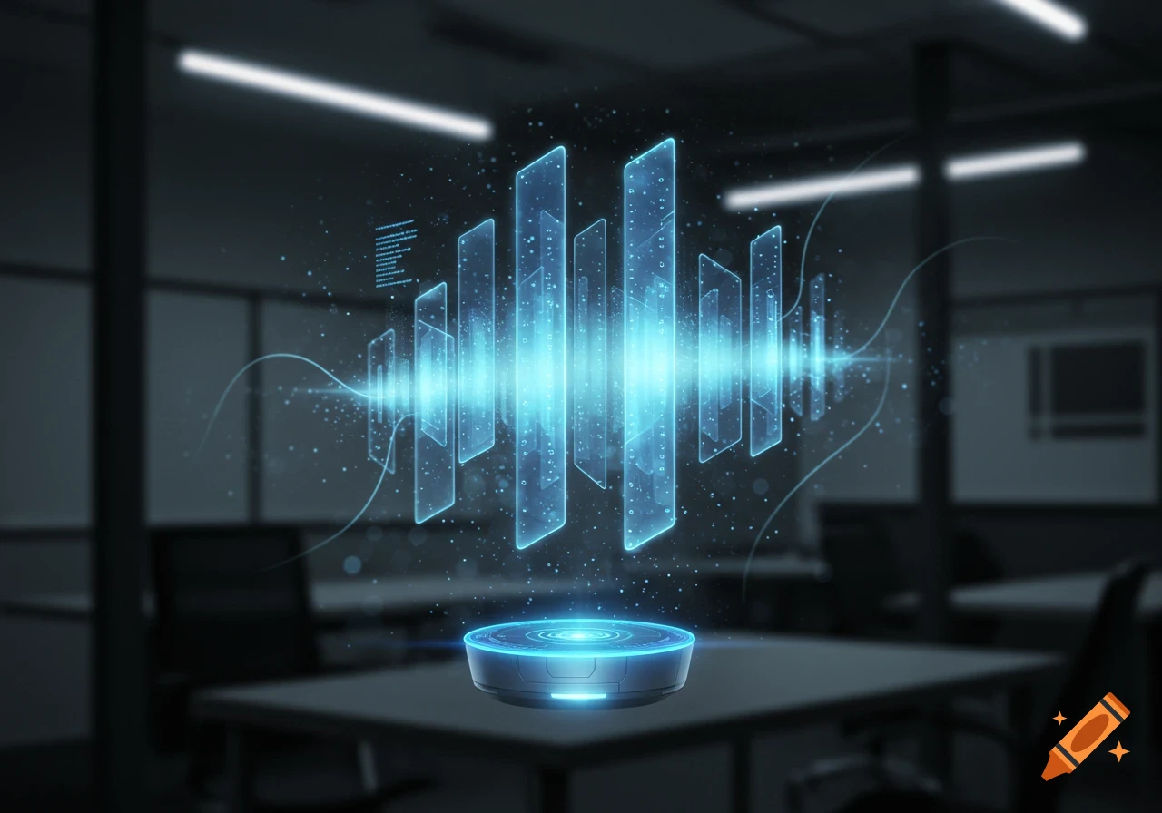 A blue holographic equalizer or data visualization projects from a device on a table in a dimly lit office.