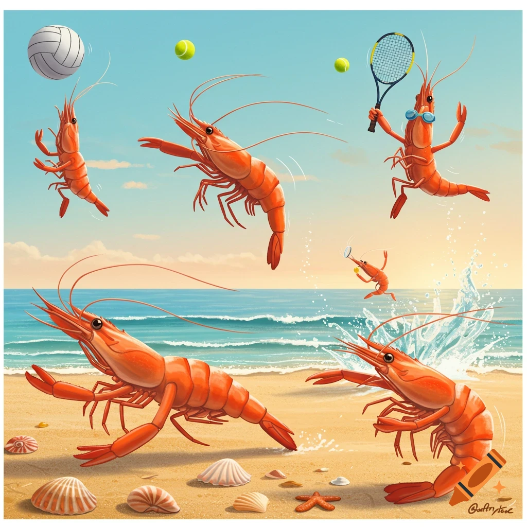 Cartoon shrimps play volleyball and tennis on a sunny beach, with seashells in the sand.