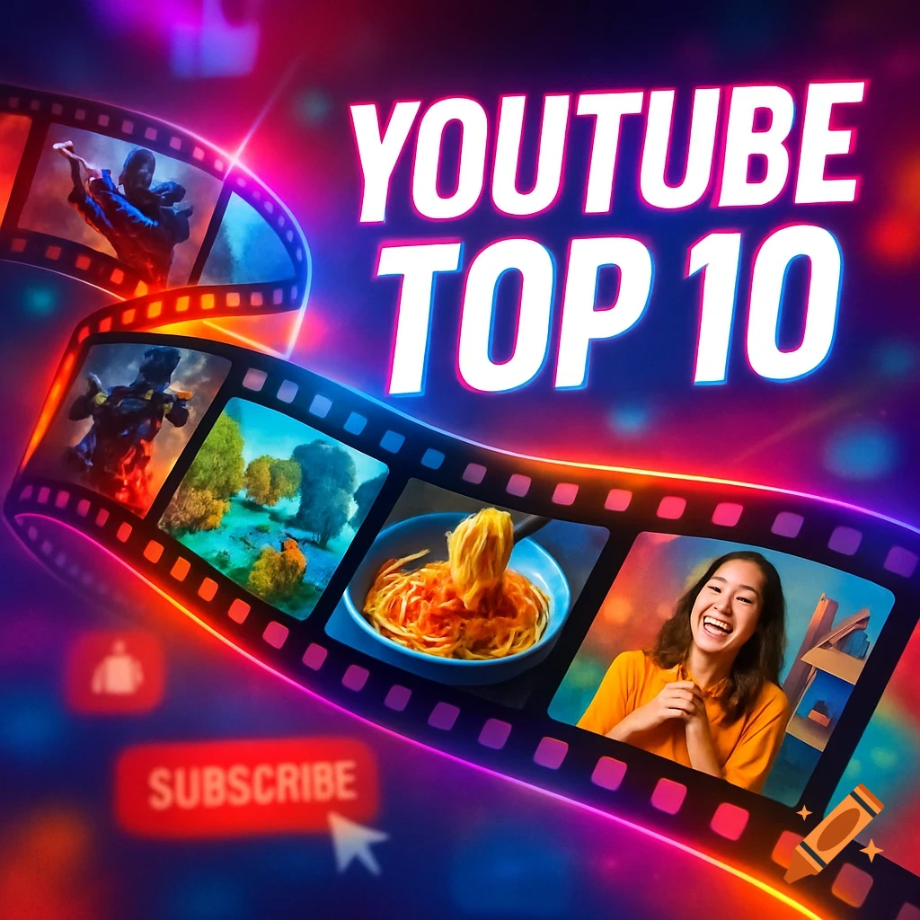 Vibrant digital art of a film strip with various scenes, 'YOUTUBE TOP 10' text, and a 'SUBSCRIBE' button.